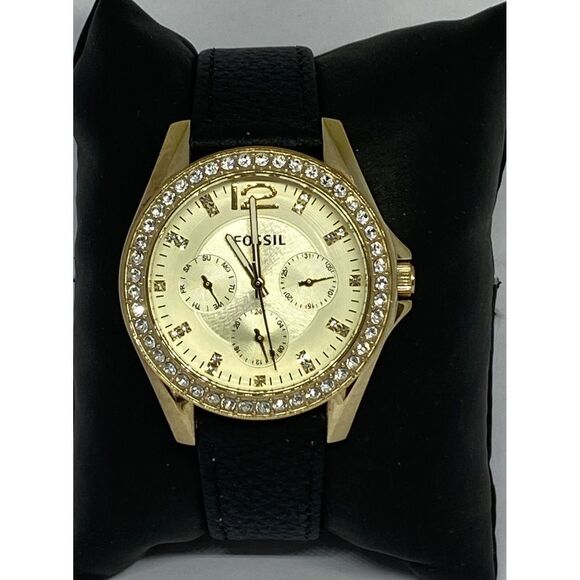 Fossil Riley ES3203 Women Black Leather Champagne Analog Dial Quartz Watch FR104 - Picture 1 of 12